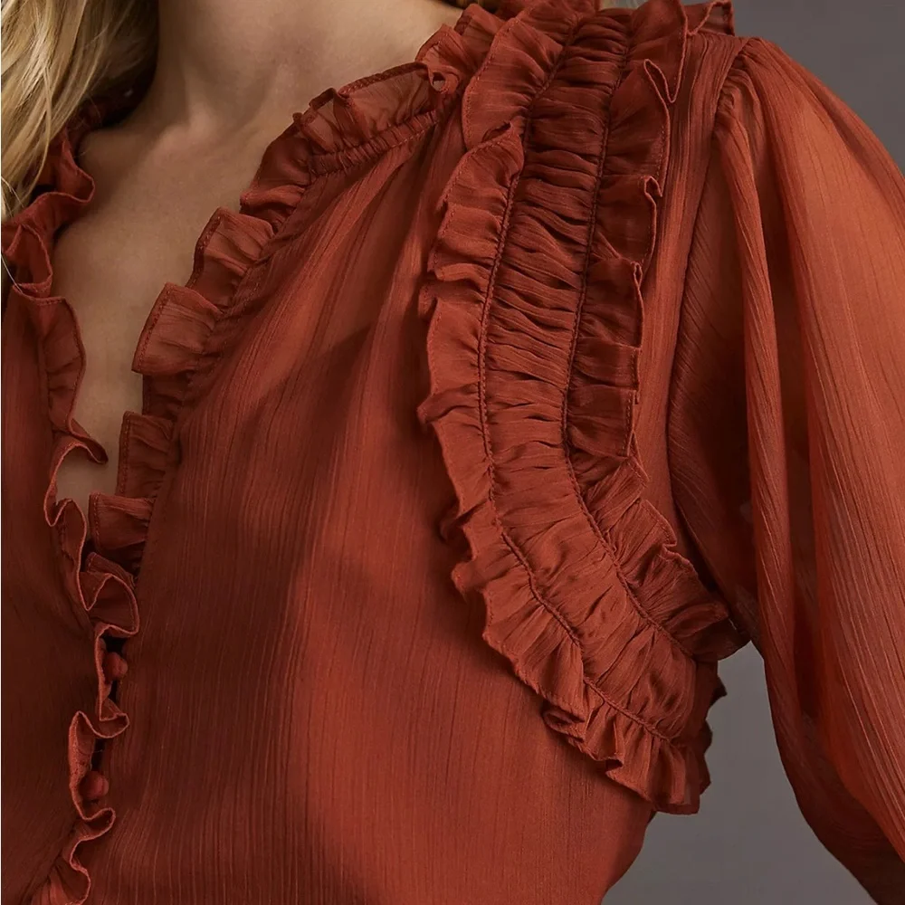 Women's Ruffled Blouse - Rust - Picture 3 of 12